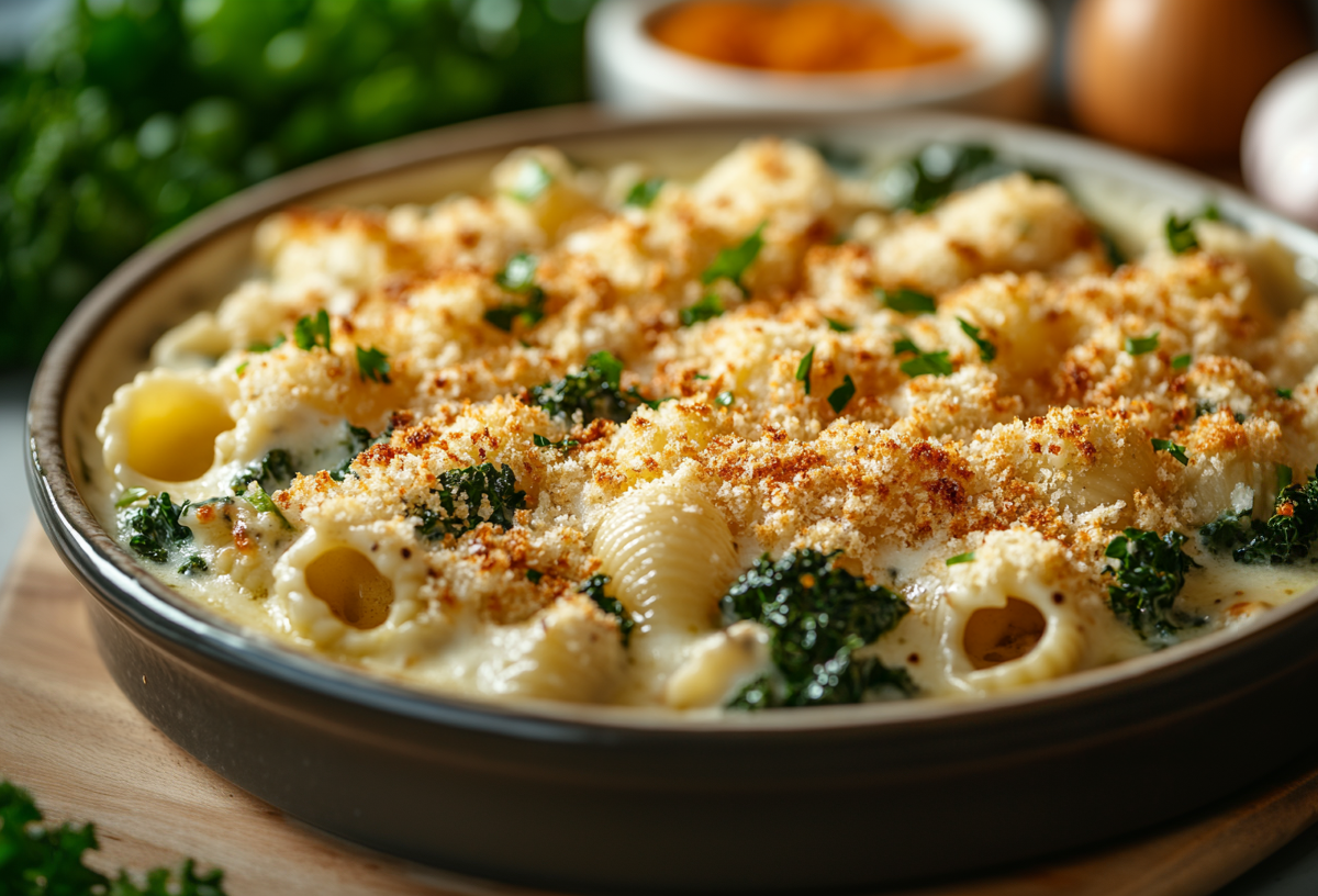 Nudel-Grünkohlauflauf mit Panko-Bröseln.