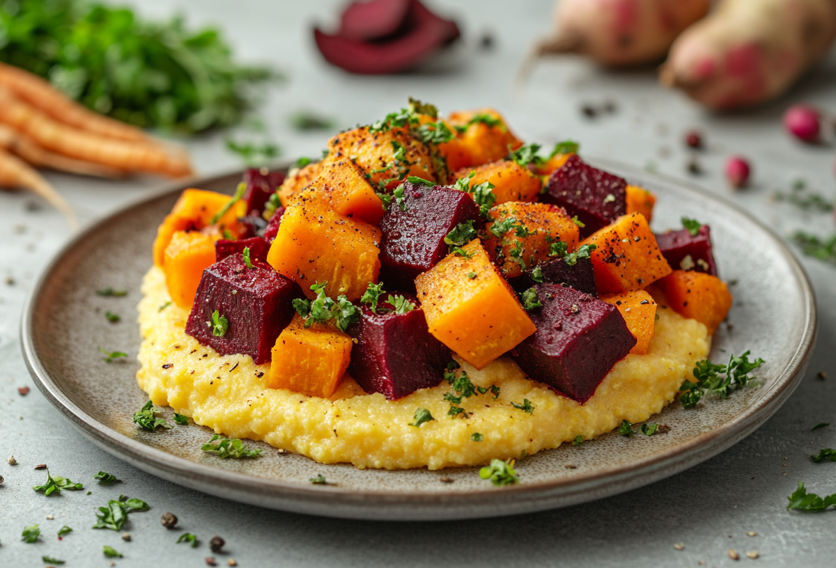 Ein Teller Ofengemüse mit Polenta, im Hintergrund frisches Gemüse.