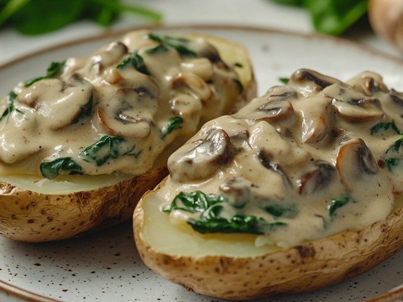 Teller mit zwei Hälften einer Ofenkartoffel mit Champignon-Spinat-Füllung