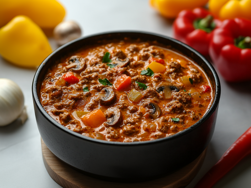 Eine Schüssel Paprikatopf mit Hackfleisch und Pilzen, drumherum einige frische Zutaten.