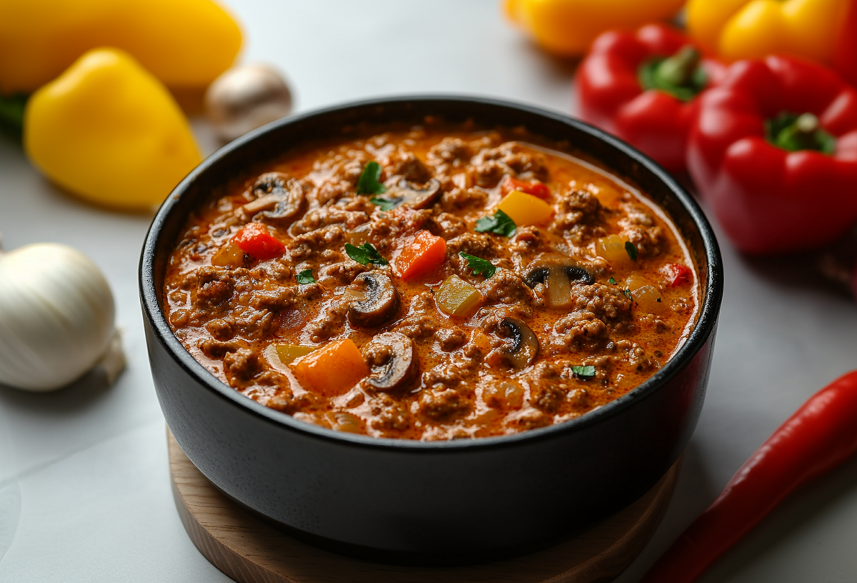 Eine Schüssel Paprikatopf mit Hackfleisch und Pilzen, drumherum einige frische Zutaten.