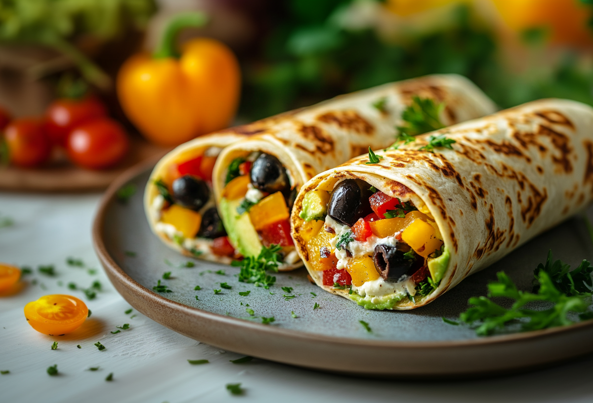 Drei Pfannkuchenwraps liegen zusammengerollt auf einem Teller. Sie sind gefüllt mit Oliven, roten und gelben Paprika, Frischkäse und Avocado. Über ihnen sind einige frische Kräuter verstreut. Vor dem Teller liegt eine halbierte gelbe Tomate. Im Hintergrund liegen weitere Tomaten, Salat und eine gelbe Paprika.