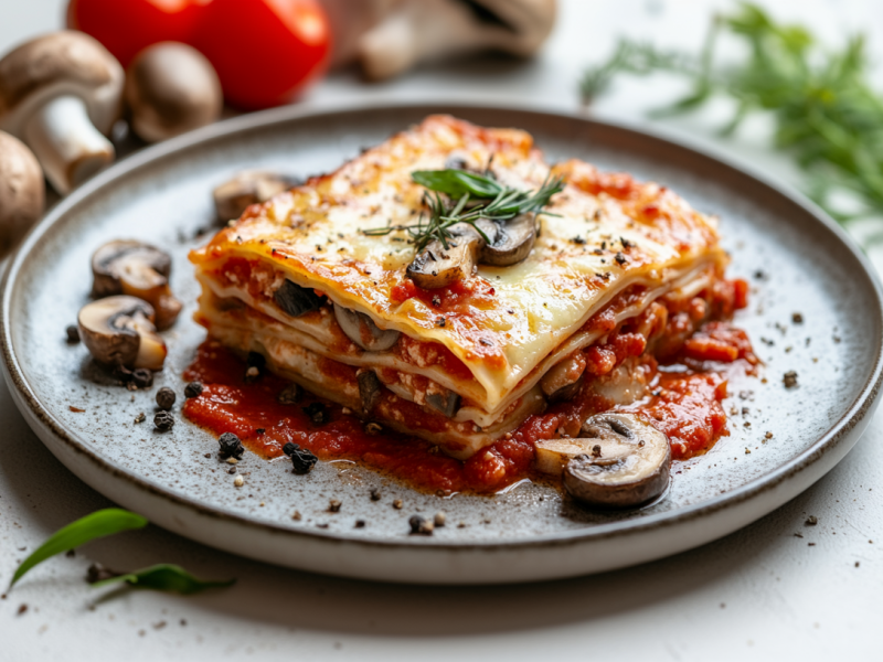 Ein Stück Pilzlasagne mit Lauch und Tomatensoße auf einem Teller, im Hintergrund unscharf einige Zutaten.