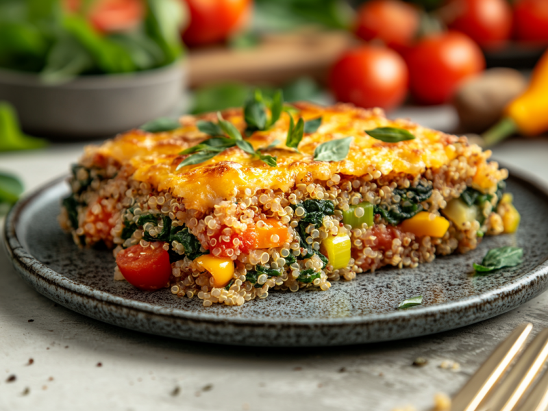 Ein herausgetrenntes Stück Quinoa-Gemüseauflauf steht auf einem grauen Teller. In dem Auflauf sind Tomaten, Spinat, Lauch, gelbe Paprika und Quinoa verarbeitet.
