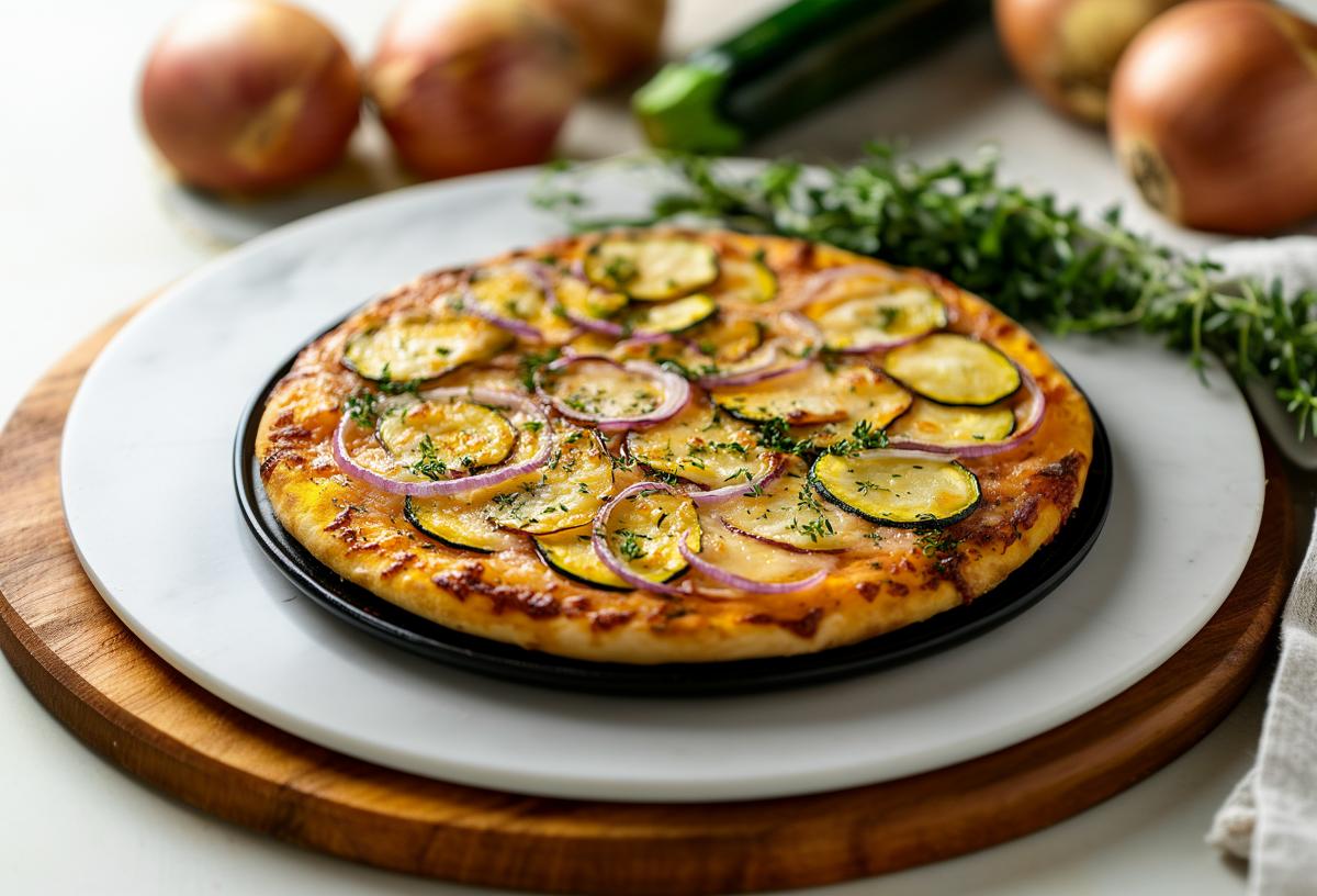 Raclette-Pizza mit Zucchini, Zwiebel und Kartoffeln belegt und mit Kräutern bestreut. Drumherum einige Zutaten.