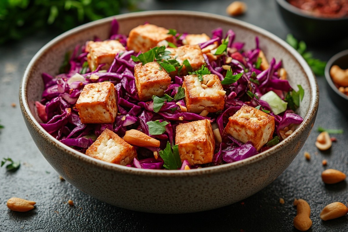 Eine Schüssel Red Coleslaw mit friitiertem Tofu.