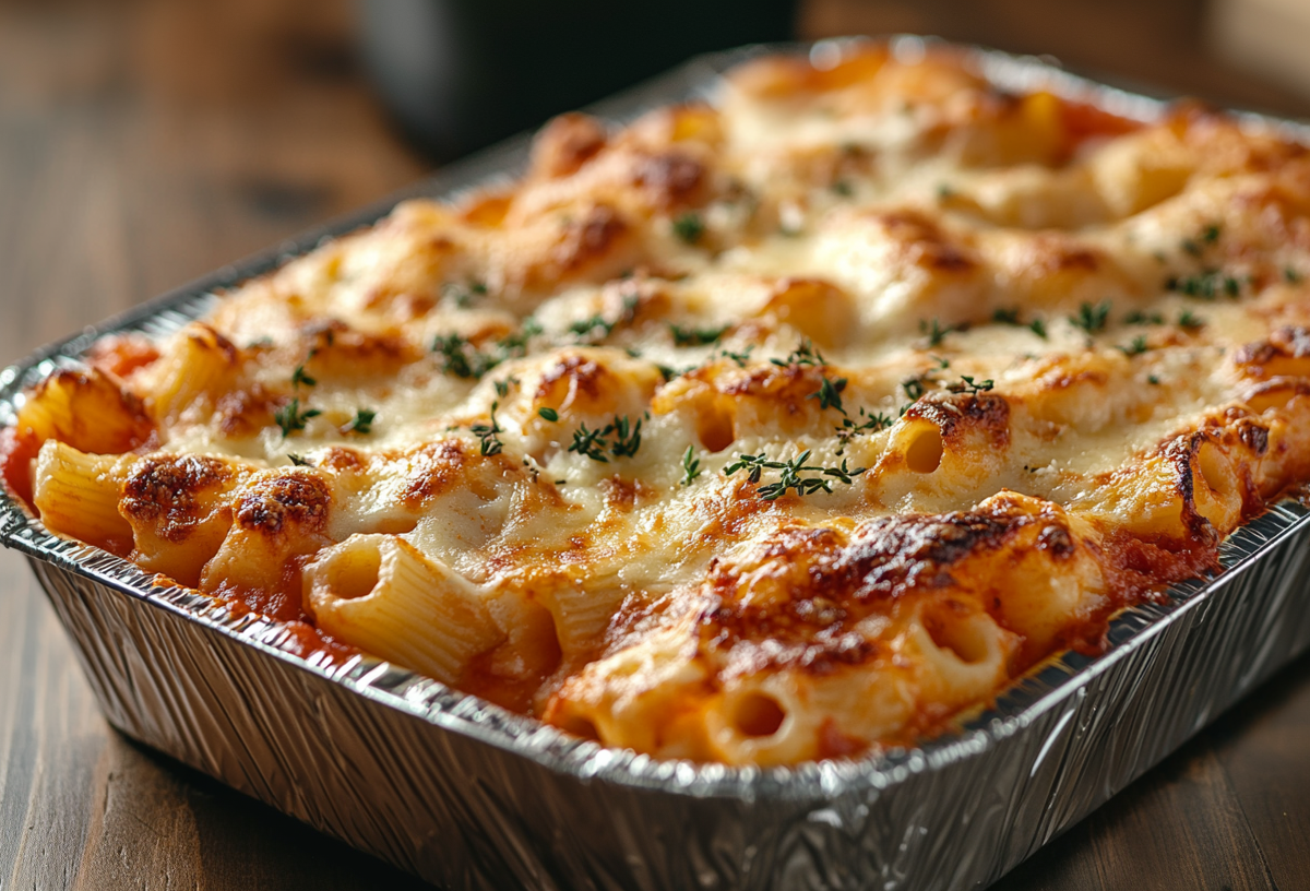 Rigatoni rot-weiß in einer Aluschale, bestreut mit getrockneten Kräutern.