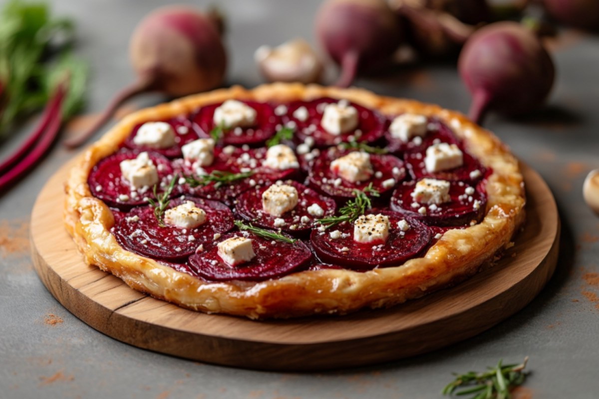 Eine vegane Rote-Bete-Tarte-Tatin auf einem runden Holzbrett.
