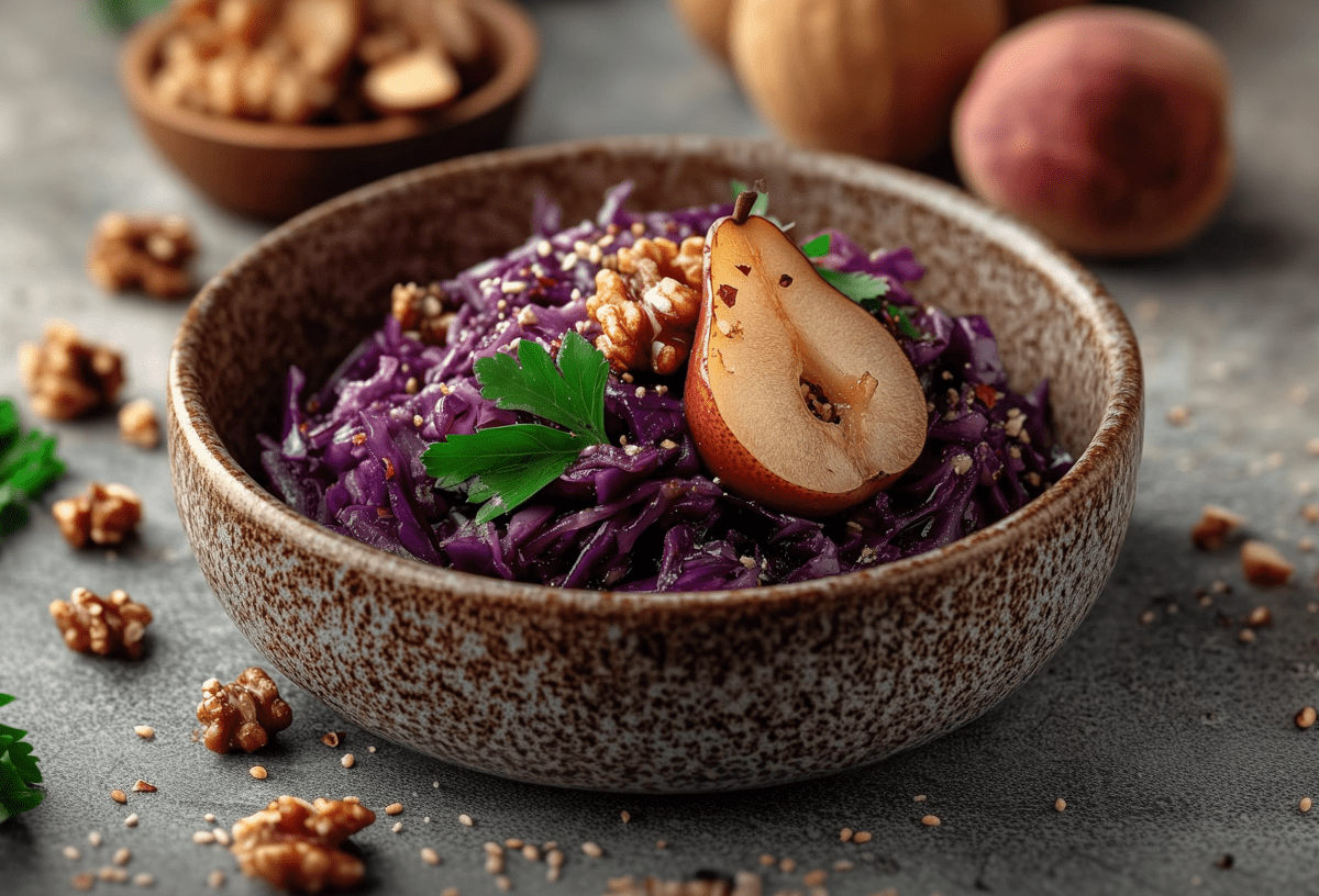 Rotkohlsalat mit Birnen und Walnüssen angerichtet in einer kleinen braun marmorierten Schale. Um die Schale liegen verteilt einige Walnüsse. Links im Bild liegt frische Petersilie. Im Hintergrund sieht man eine Schale mit noch mehr Walnüssen, sowie weitere Birnen.