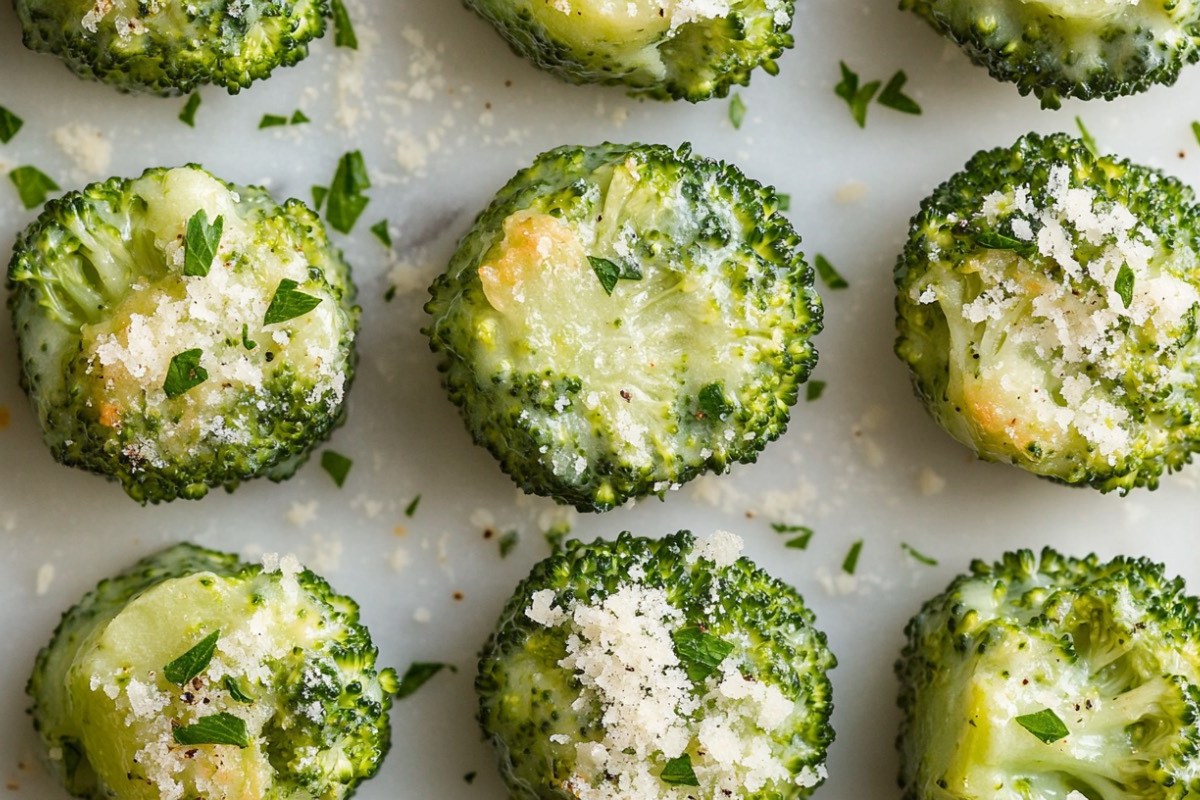 Smashed Brokkoli mit Parmesan in der Draufsicht.