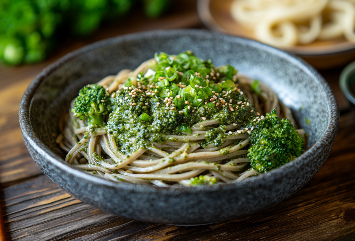 Soba-Nudeln mit Avocadopesto in einer schwarzen Schale. Angerichtet sind die Nudeln mit Brokkoli, frischen Frühlingszwiebeln und Sesamkörnern