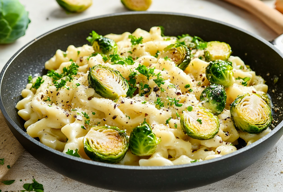 Eine Pfanne mit Spätzle mit Rosenkohl und Kräutern in Sahnesoße. Drumherum ein paar Zutaten.