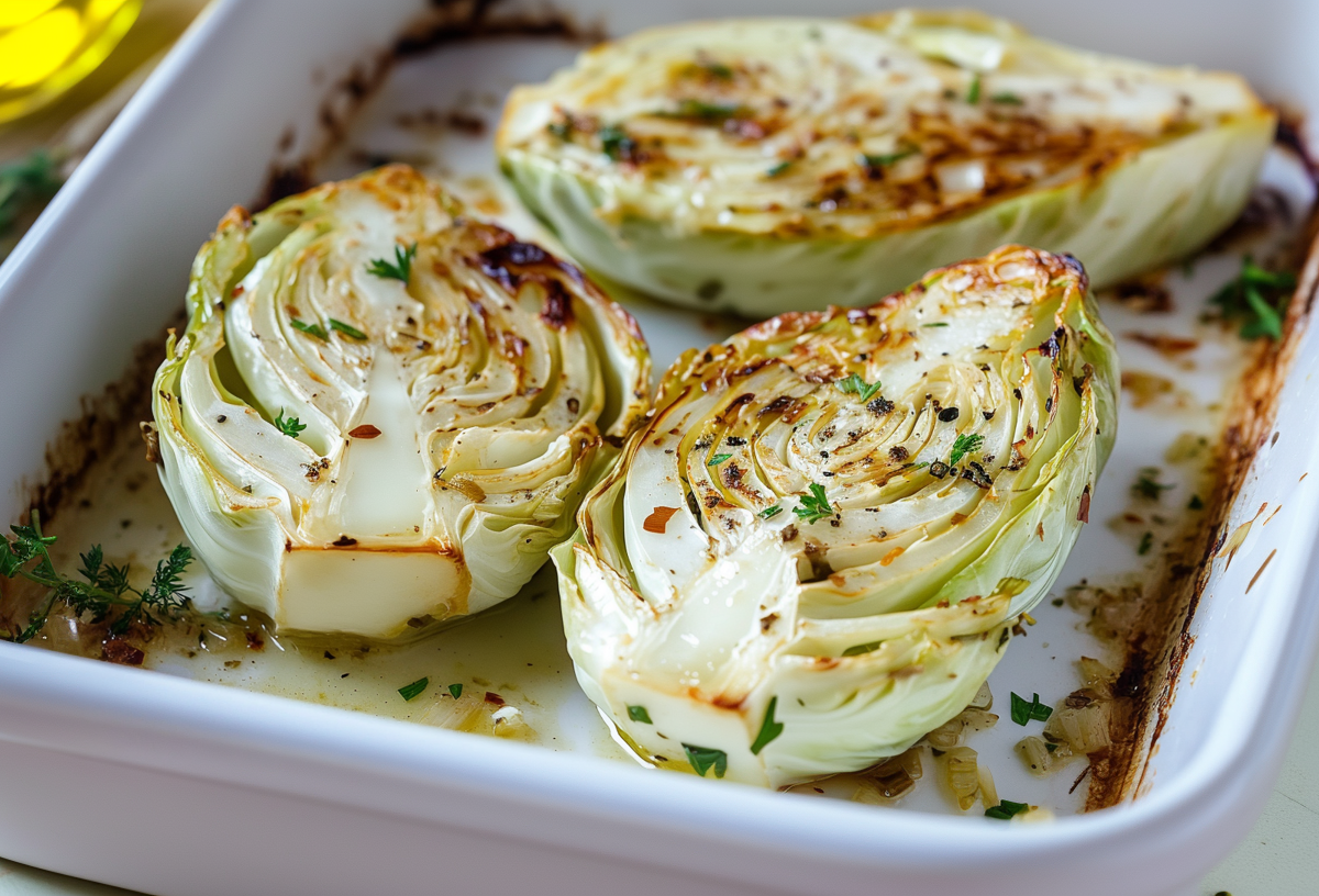 Drei Stücke Spitzkohl mit Parmesan liegen in Soße in einer Auflaufform. Sie sind gebacken und mit frischen Kräutern überstreut.