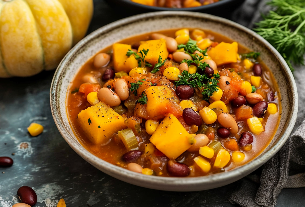 Eine Schale Three Sisters Stew mit Kürbis, Bohnen und Mais.