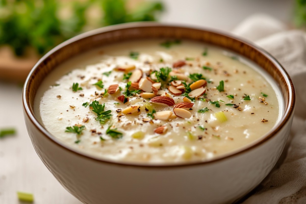 Eine Schüssel vegane Selleriesuppe mit Mandeln und Petersilie.