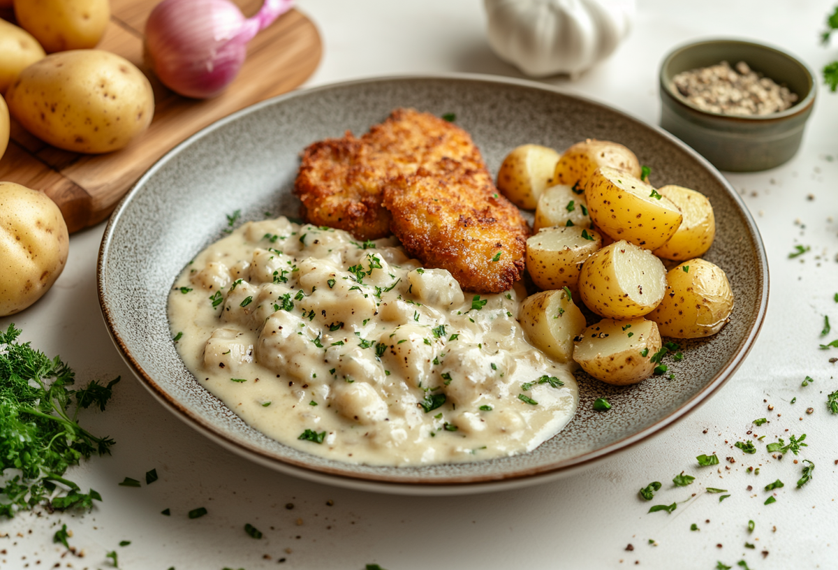 Veganer Rahmkohlrabi mit zwei kleinen Schnitzeln und Kartoffeln auf einem Teller, drumherum Zutaten.