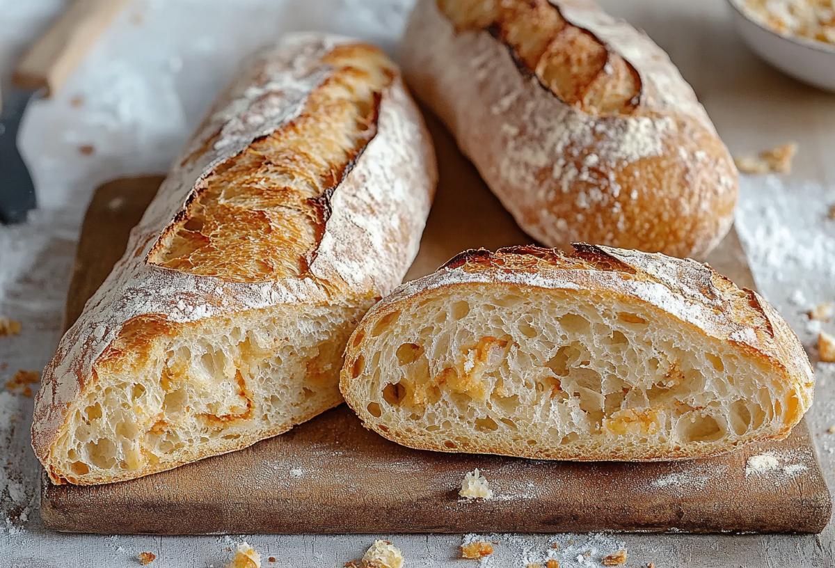 Aufgeschnittenes Zwiebel-Baguette auf einem Holzbrett. Es liegen drei Stück auf dem Brett. Im Hintergrund sieht man zwei Messer, hinten rechts eine Schale mit Teig und weiteren Röstzwiebeln.