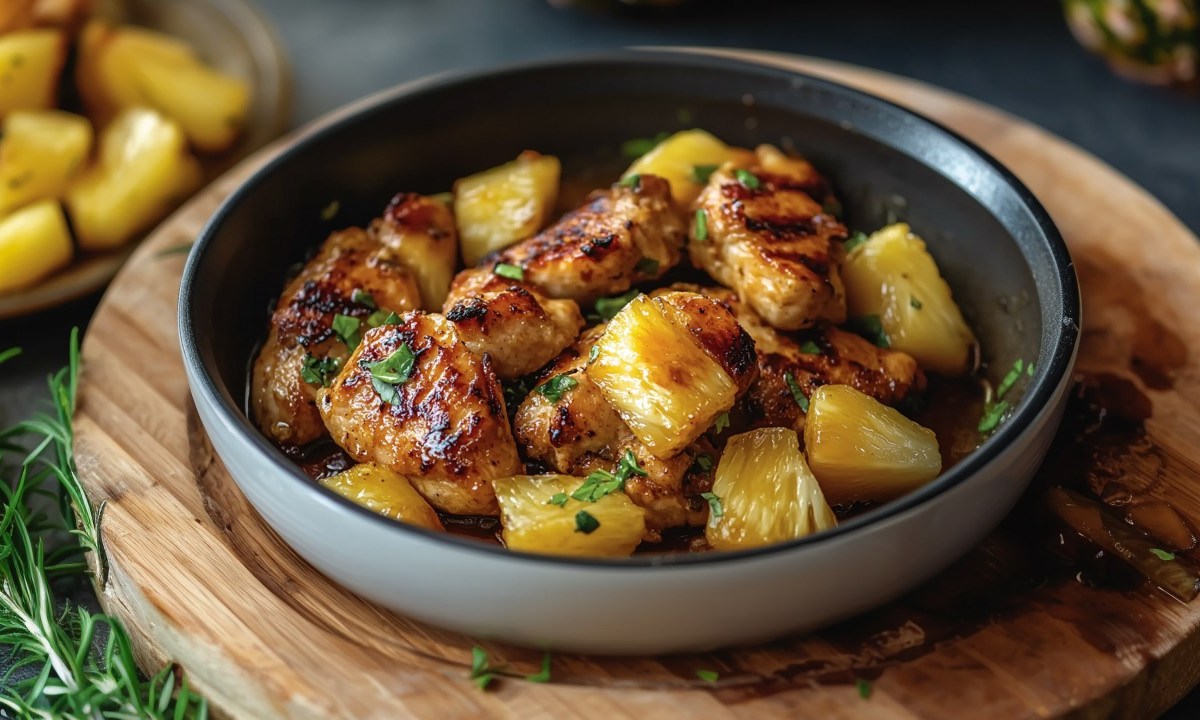 Leckeres Ananas-Hähnchen in einer flachen Schale.