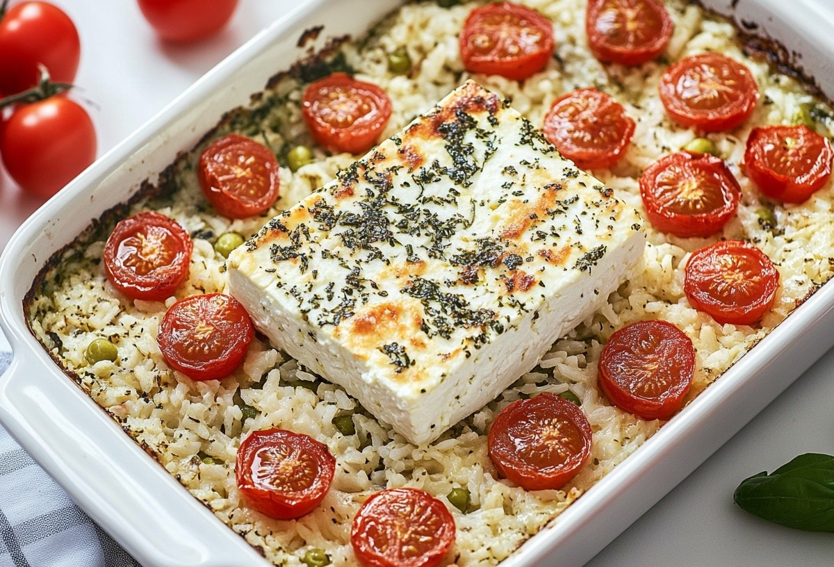Baked Feta Rice mit Kirschtomaten in einer Auflaufform, neben der Form liegen ein paar frische Tomaten.