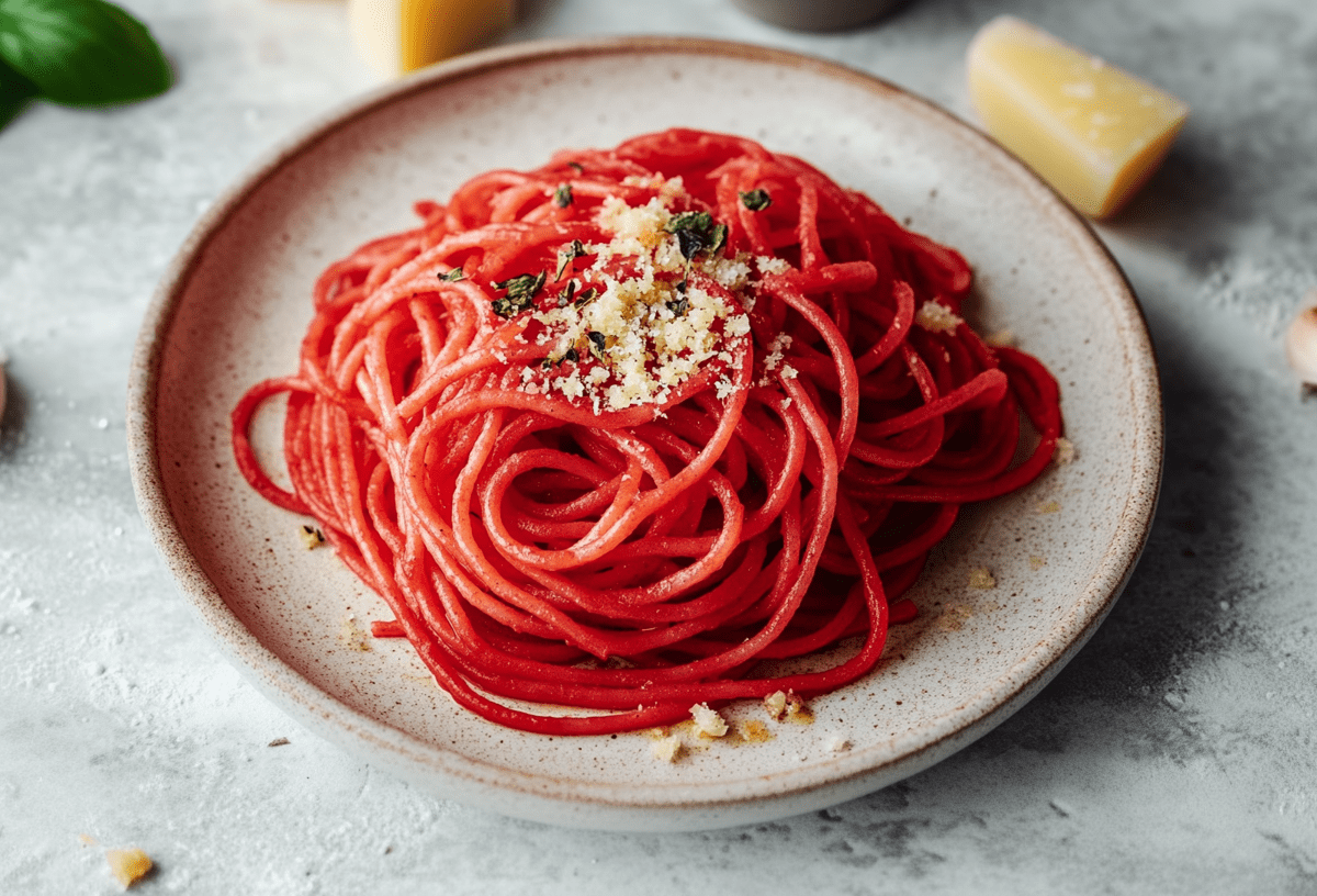 In Rotwein gekochte betrunkene Spaghetti liegen auf einem Teller. Sie sind mit etwas Parmesan bersteut. Nebe dem Teller liegt eine Knoblauchzehe sowie ein Stück Parmesan. Links oben im Bild liegt etwas frischer Basilikum.