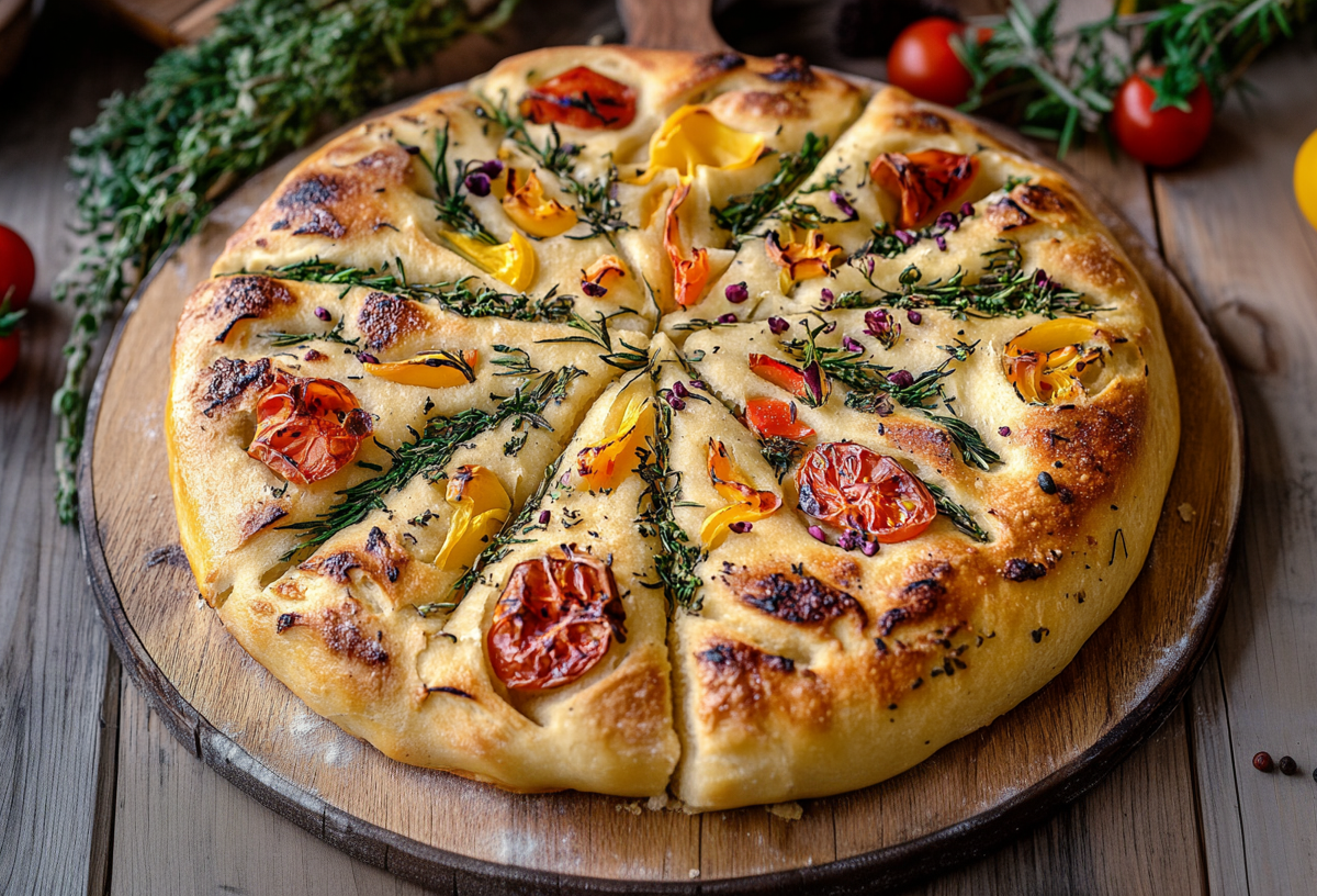 Ein rundes Blumen-Focaccia liegt auf einem Holzteller. Es ist mit Rosmarin, Tomaten, gelben und orangenen Paprika dekoriert. Im Hintergrund liegen weitere frische Kräuter, Tomaten und Paprika.