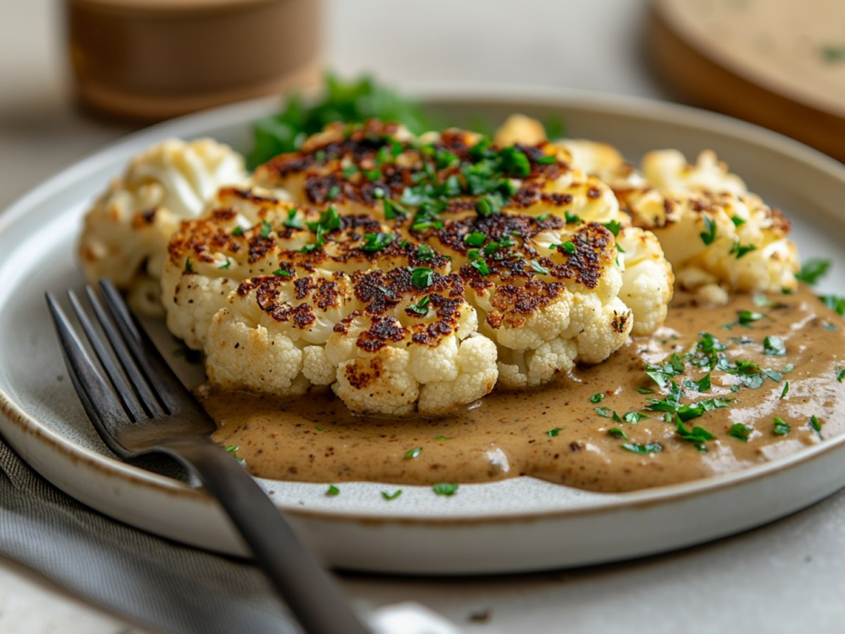 Blumenkohl-Steak mit Pfeffersoße auf einem grauen Teller