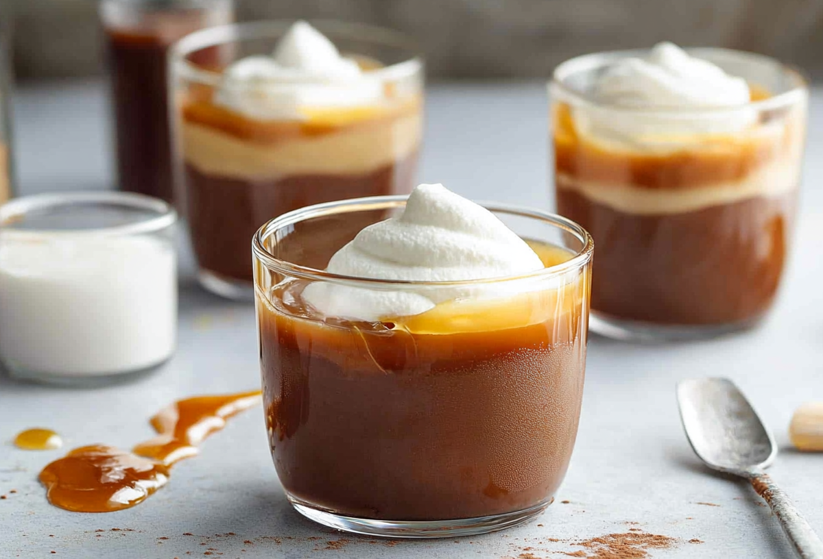 Drei Gläser Budino: italienischer Schokopudding mit Karamellsoße und Sahne.