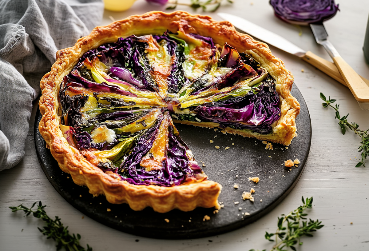Eine angeschnittene bunte Kohltarte liegt auf einer schwarzen unterlage. Sie ist mit Rotkohl, Wirsing und Weißkohl gefüllt. Um sie herum liegt etwas frischer Thymian. Links neben der Tarte liegt ein Tuch. Rechts ein Messer und ein Tortenheber.