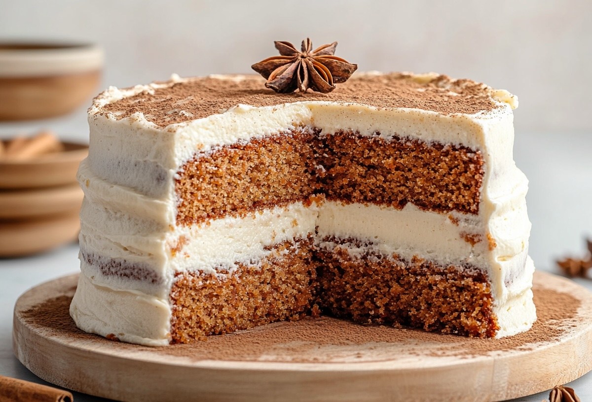 Eine angeschnittene Chai-Torte mit zwei Böden und Frischkäsecreme auf einem runden Brett. Drumherum Zimtstangen und Anissterne.