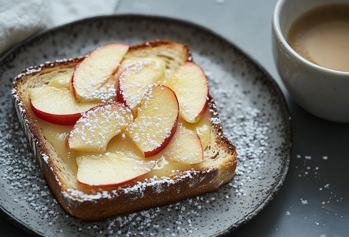 Ein Cheesecake-Toast mit geschnittenem Apfel auf einem Teller, daneben eine Tasse Kaffee.