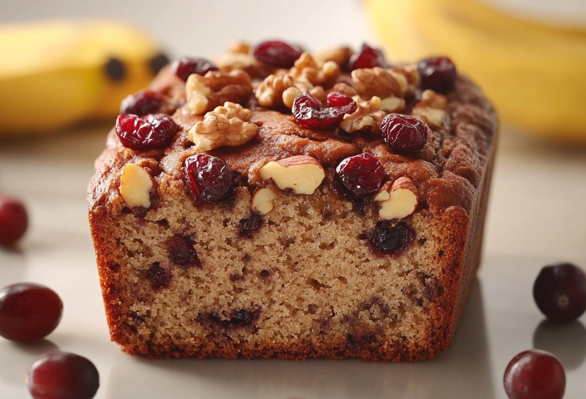 Ein angeschnittenes Cranberry-Bananenbrot mit Nüssen und Cranberrys garniert.