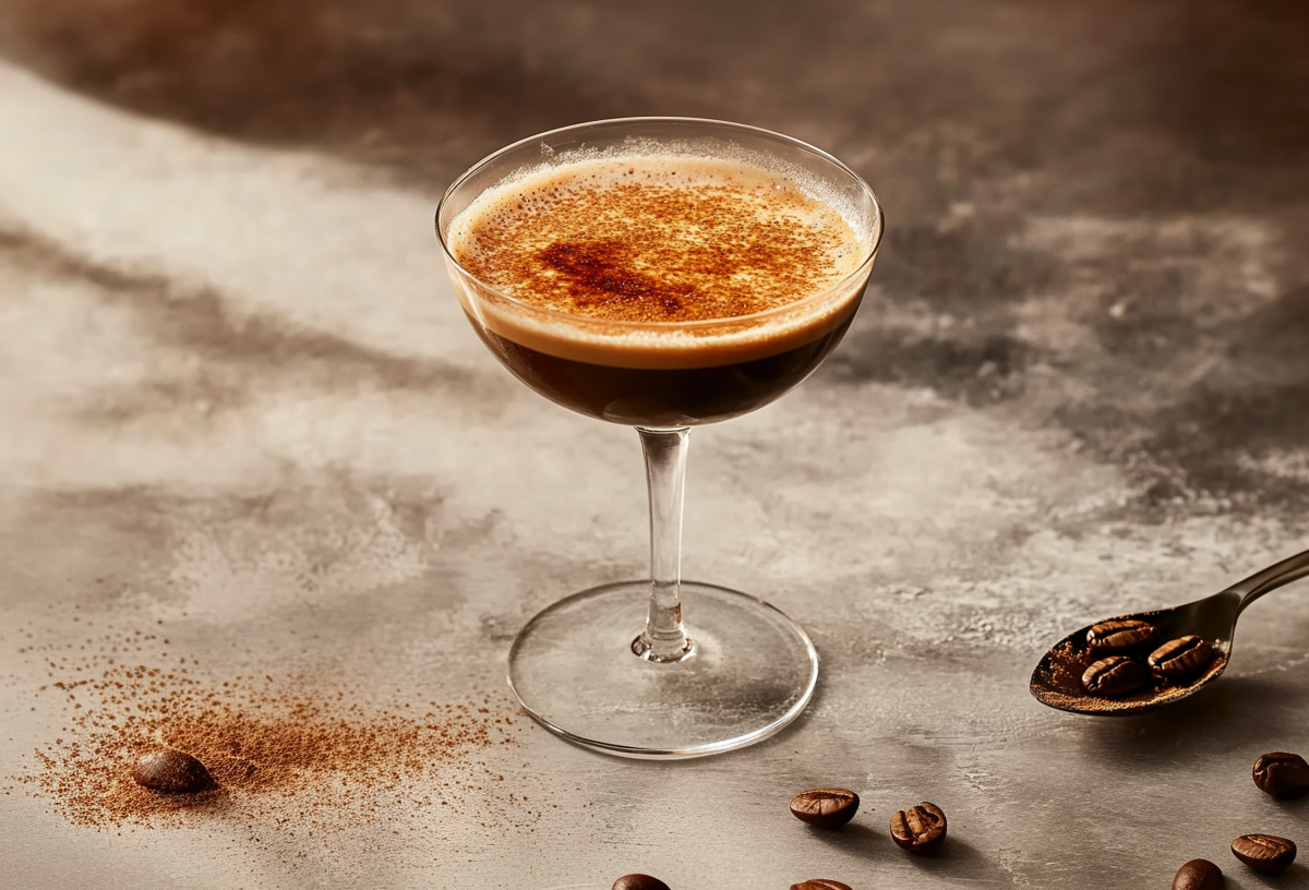 Ein Glas mit Crème-Brulée-Espresso steht auf einer neutralen Fläche. Rechts im Bild liegt ein Löffel mit einigen Kaffeebohnen, links liegt eine Kaffeebohne sowie etwas Kakaopulver.