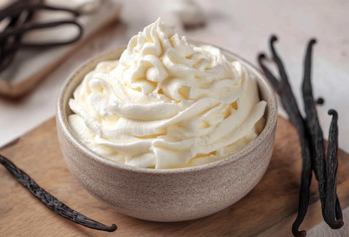 Crème Chantilly in einer hellen Schüssel. Drum herum liegen Vanilleschoten.