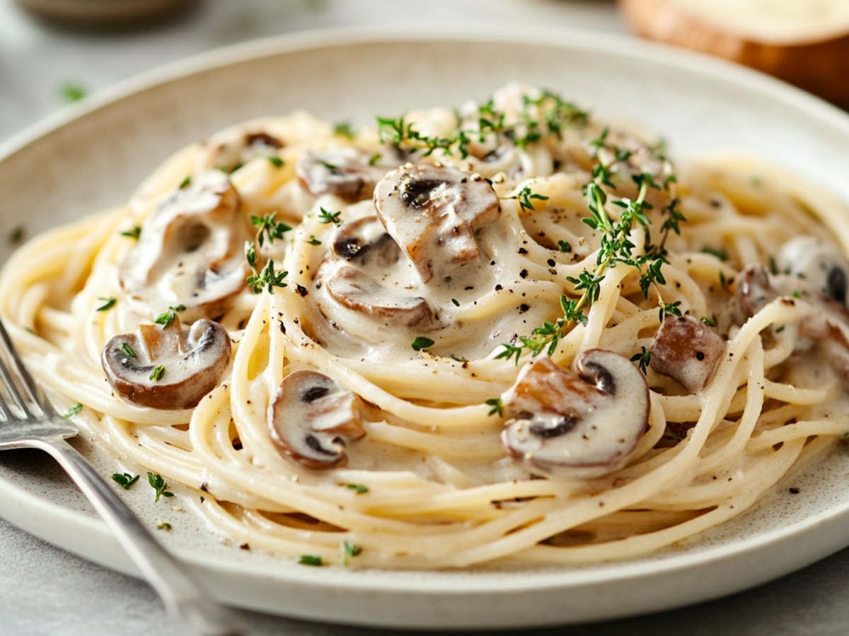 Teller Champignon-Nudeln mit Crème fraîche