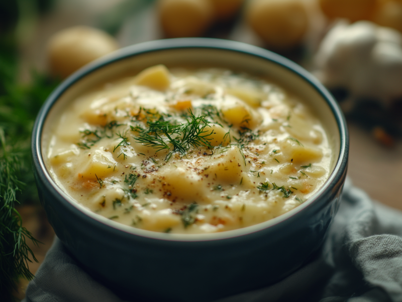 Dill-Kartoffelsuppe in einer Schale.