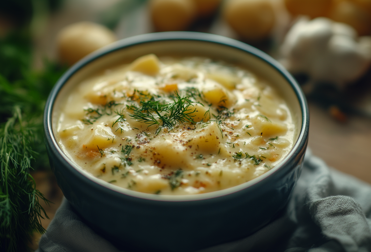 Dill-Kartoffelsuppe in einer Schale.