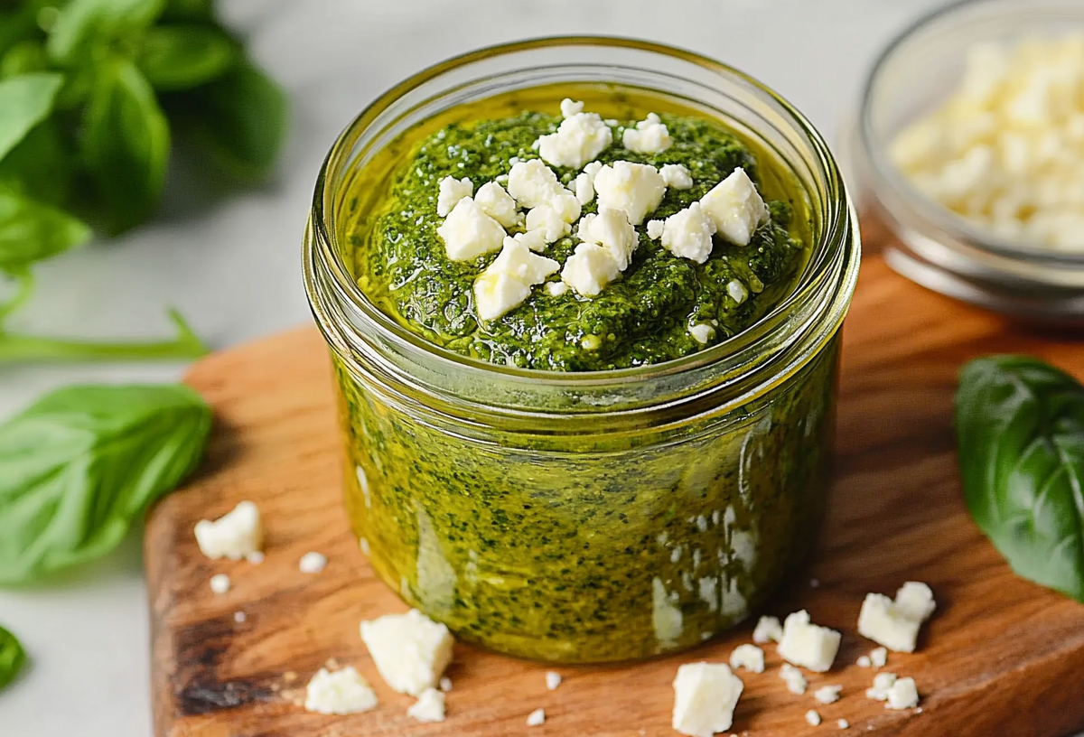 Ein Glas grünes Feta-Pesto mit einigen Feta-Bröseln garniert. Daneben Basilikumblätter und mehr Käse.