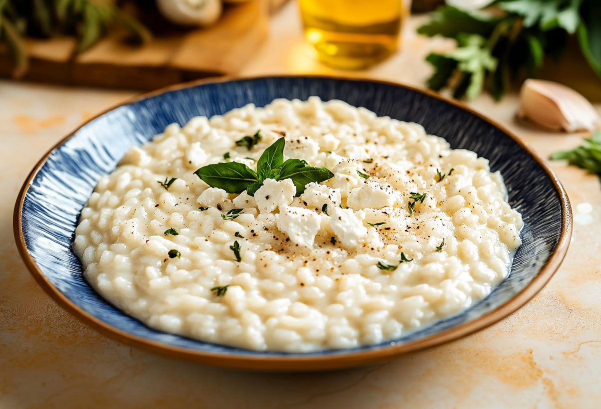 Ein tiefer Teller Feta-Risotto mit Schafskäse und Kräutern.