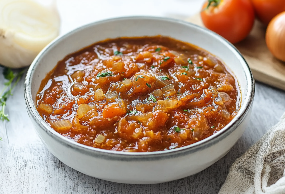 Eine Schüssel Friggione: italienisches Zwiebel-Tomaten-Ragout.