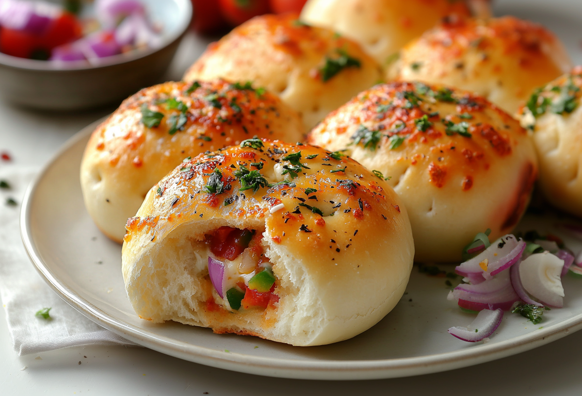 Gefüllte Pizzabrötchen liegen auf einem Teller. Sie sind mit Zwiebeln, Käse und Paprika gefüllt. Neben den Brötchen liegen noch einige Zwiebelstücke. Im Hintergrund steht eine Schale mit weiteren Zwiebeln und Paprikastücken.
