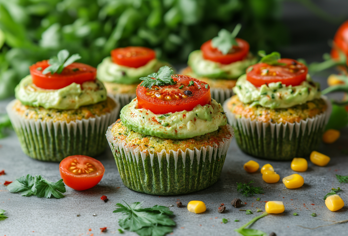 Fünf Gemüse-Cupcakes stehen auf einer grauen Arbeitsfläche. Um sie herum verteilt liegen Maiskörner, Tomaten und Koriander. Im Hintergrund sieht man eine halbierte Avocado.