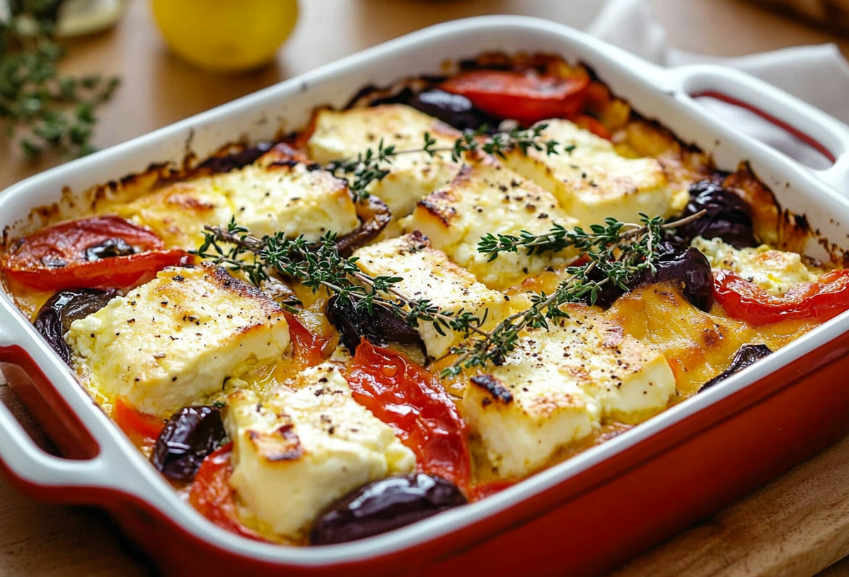 Eine Keramik-Auflaufform mit griechischem Feta-Auflauf.