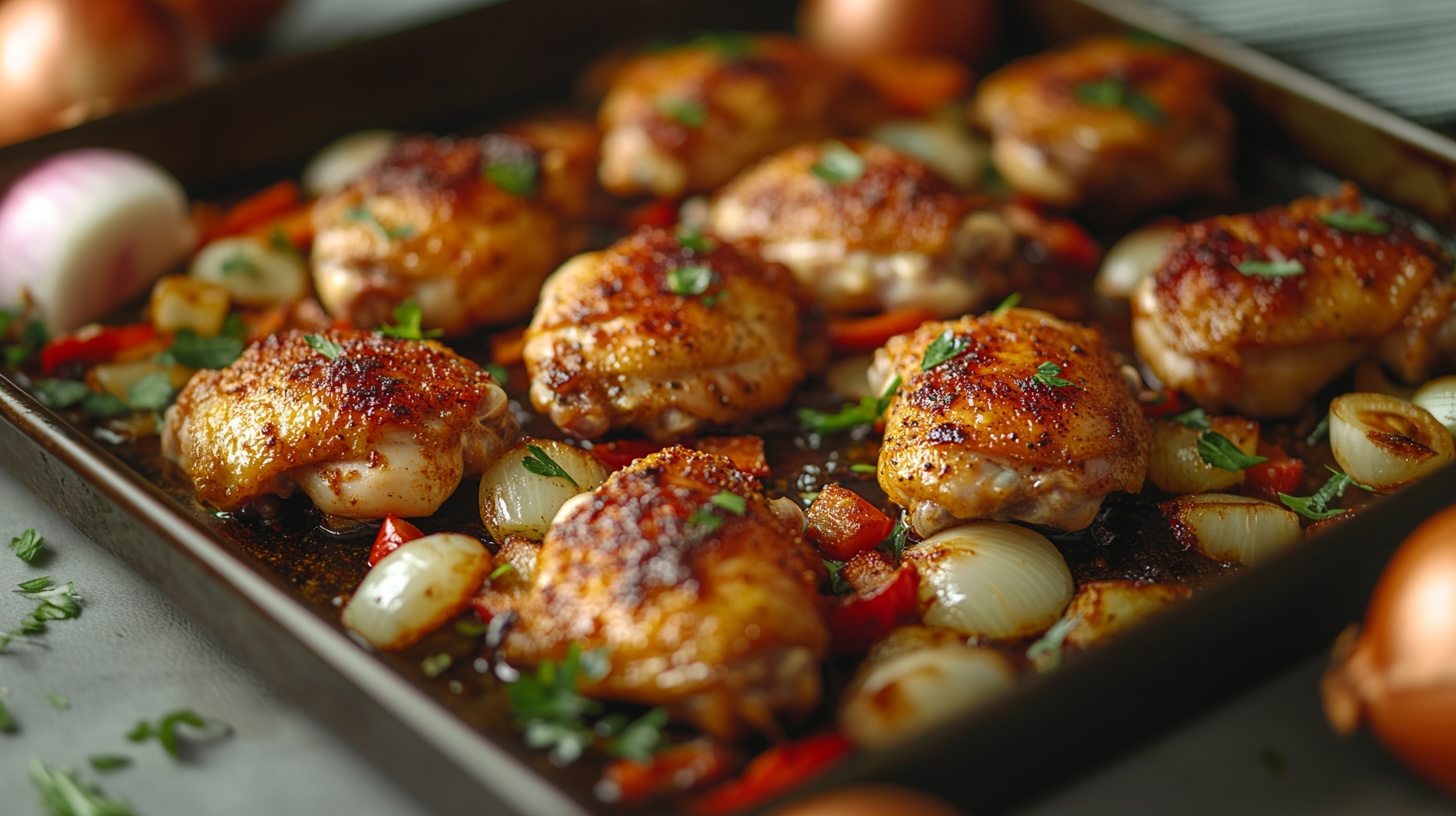 Hähnchenschenkel mit Kartoffelspalten und Paprika: vom Blech ...