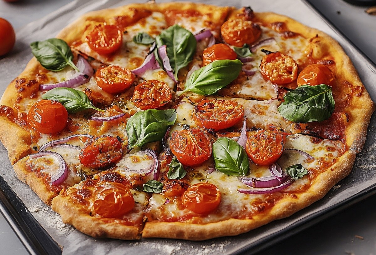 Eine runde Hüttenkäse-Pizza in Stücke geschnitten auf einem Blech mit Backpapier, belegt mit roter Zwiebel, Kirschtomaten und Basilikum.