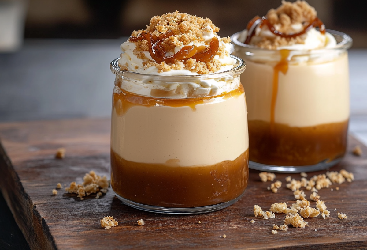 Zwei Gläschen Karamell-Mousse.