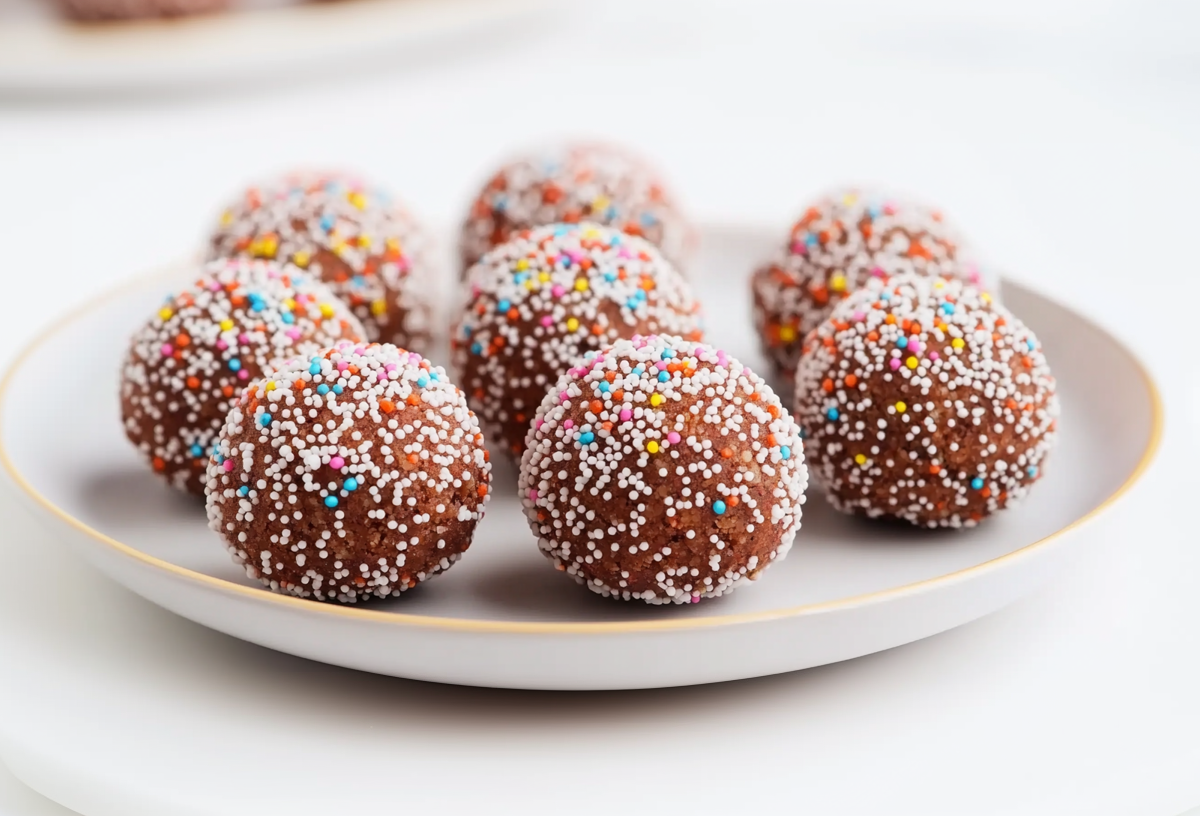 Acht Karnevalskugeln liegen auf einem weißen Teller. Sie sind mit bunten Zuckerstreuseln dekoriert.
