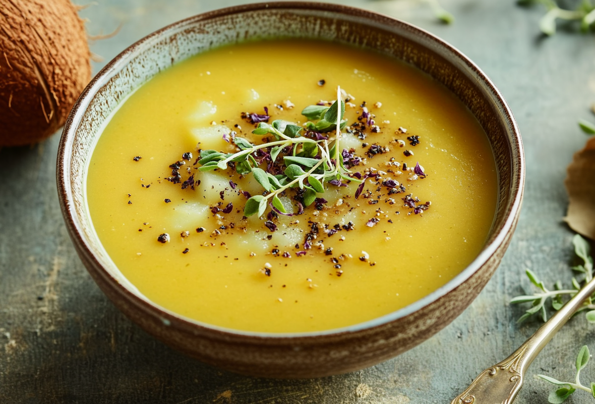 Kartoffel-Kokos-Suppe in einer braunen Schale auf einem grauen Tisch. Sie ist mit Gewürzen und Sprossen garniert. Links neben ihr liegt eine Kokosnuss. Rechts neben ihr liegt ein Löffel, sowie weitere Sprossen.