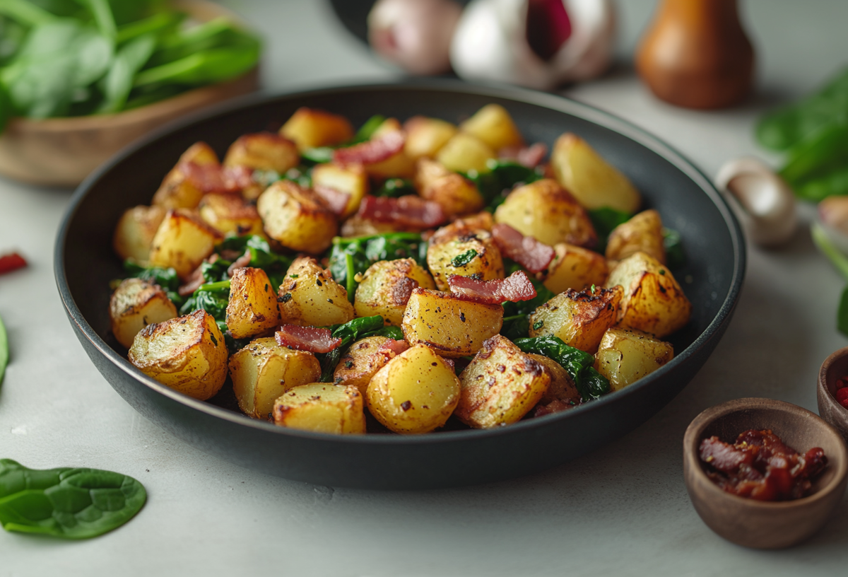 Kartoffel-Spinat-Pfanne mit Speck und Mozzarella auf einem Teller, drumherum einige Zutaten.