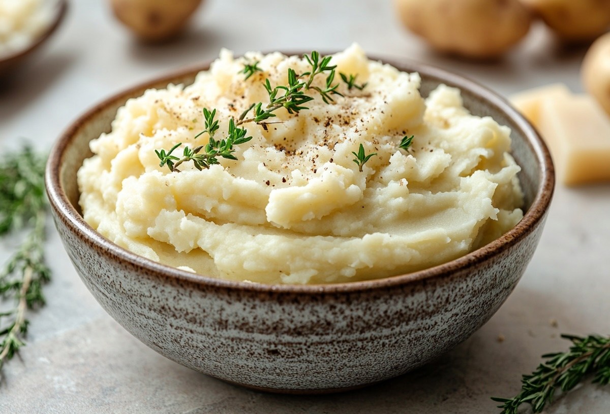 Eine Schüssel Kartoffelpüree mit Parmesan, garniert mit Pfeffer und Kräutern, im Hintergrund unscharf Kartoffeln und Parmesanstücke.