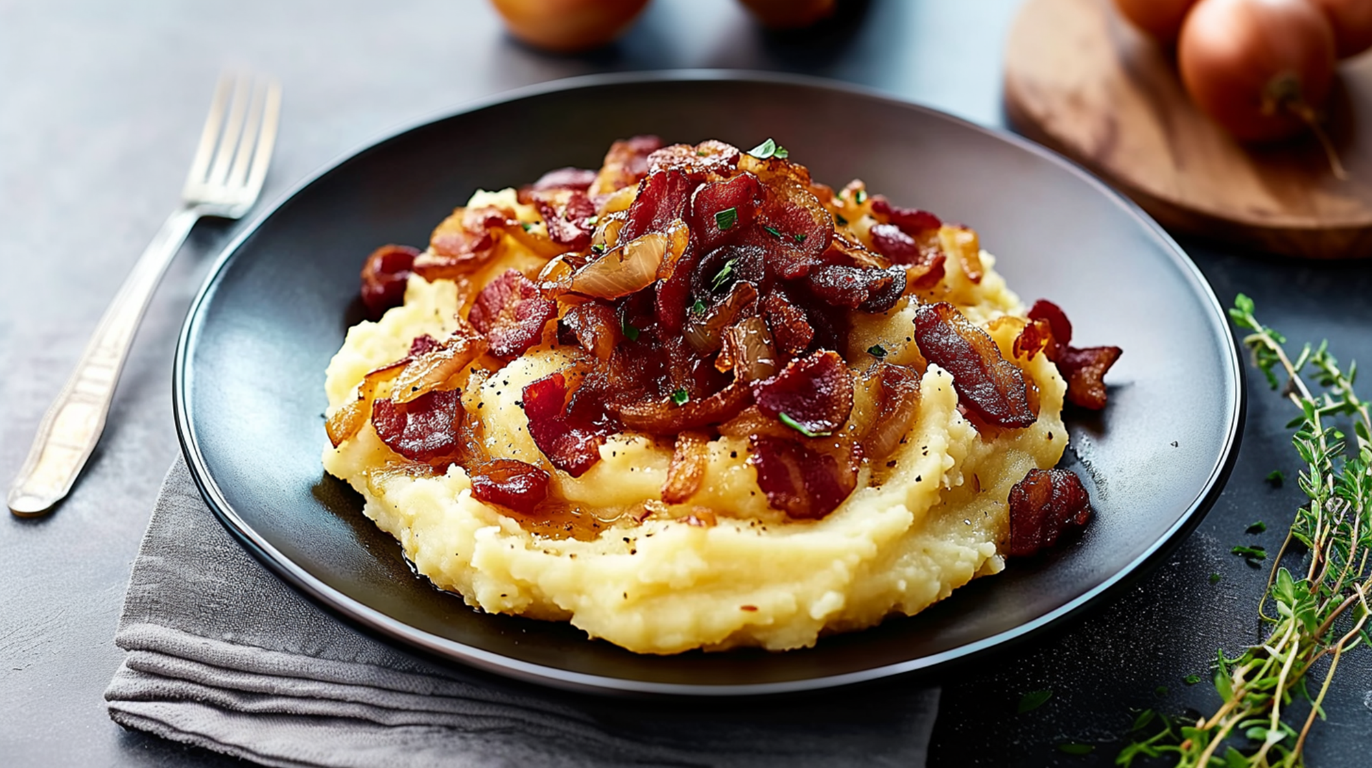 Kartoffelstampf mit karamellisierten Zwiebeln und Speck - Leckerschmecker